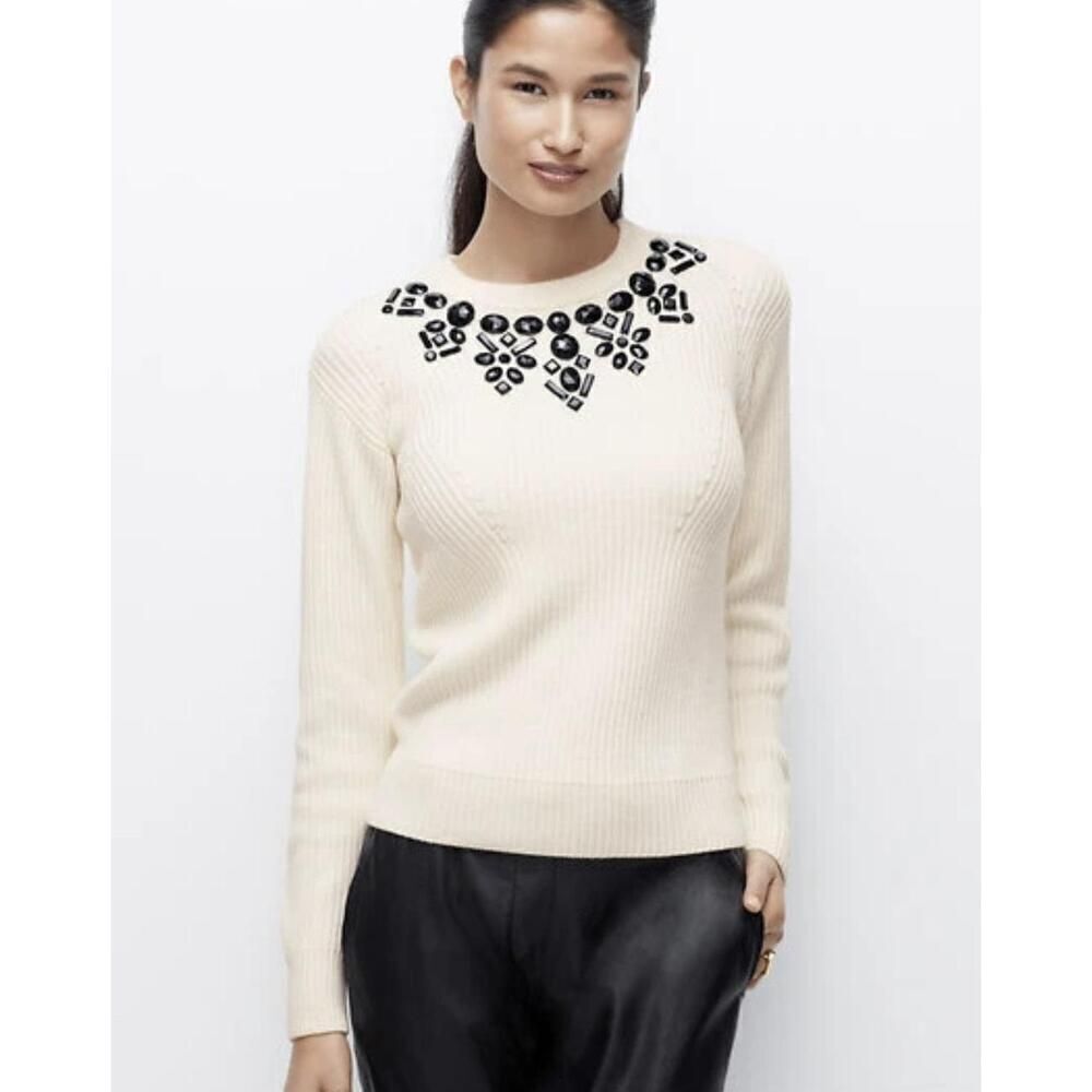 Ann Taylor Small/Petite Crew Neck Sweater NWT Cream Black Embellished Elegant